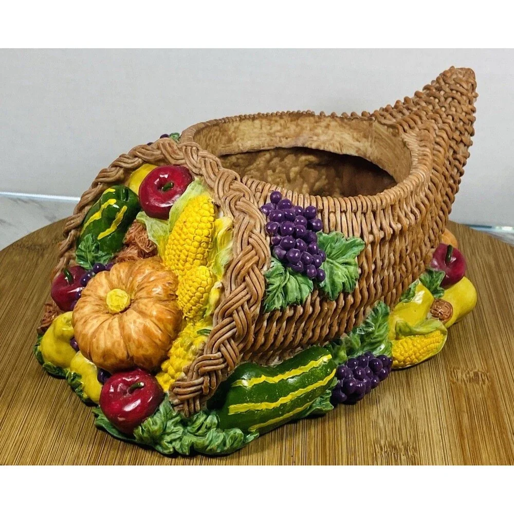 Vtg Colorful Cornucopia Hard Poly Tabletop Fruits Vegetable Thanksgiving Deco